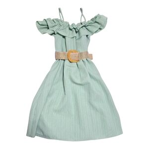 SHEIN Mint Green Ruffle Dress with Tan Belt